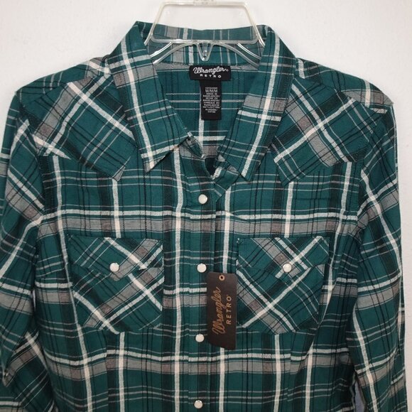 Wrangler Western Shirt Women's Size M Green Plaid Long Sleeve Cowgirl Retro - Picture 2 of 11